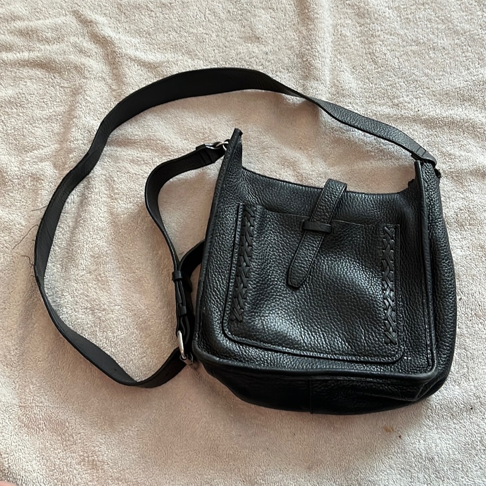 RebeccaMinkoff black leather unlined feed bag style bag